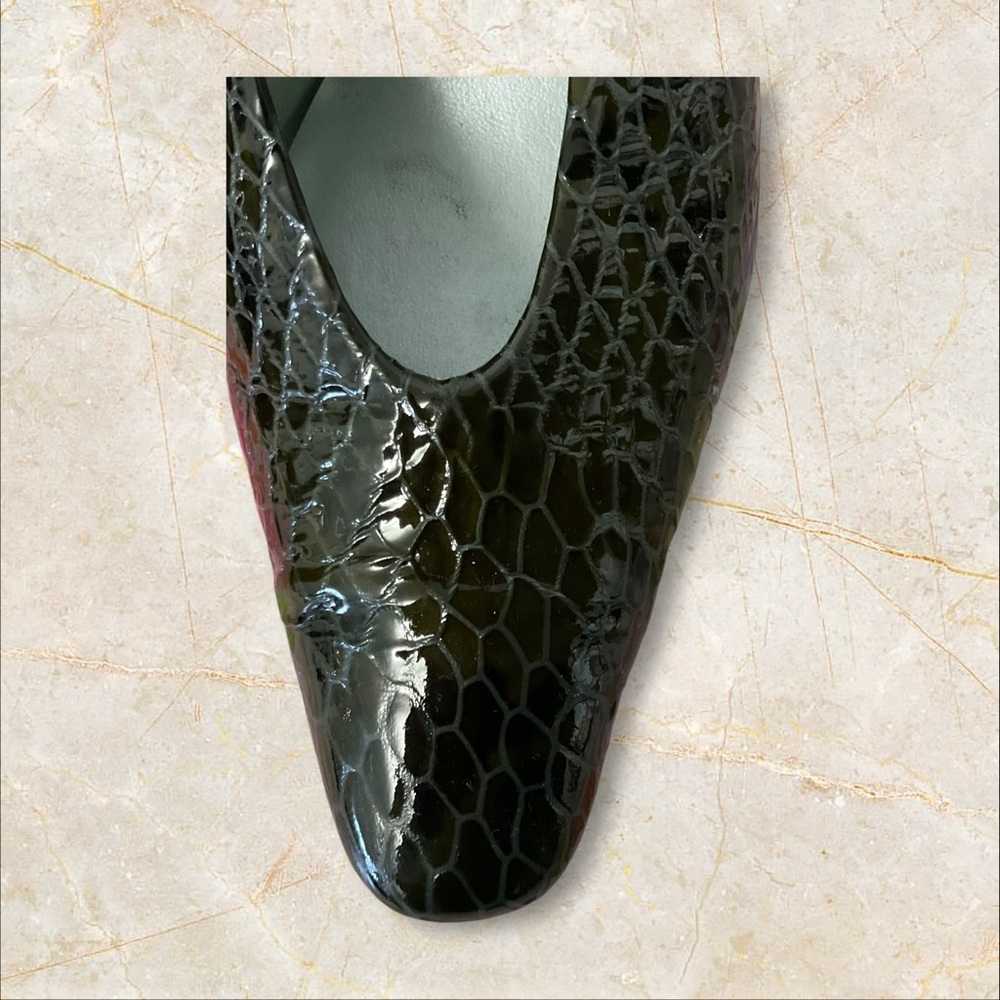 Bellini Black Patent Croc Heel SZ 11 Women Leather Ankle Strap Coquette Dinner - Picture 9 of 11